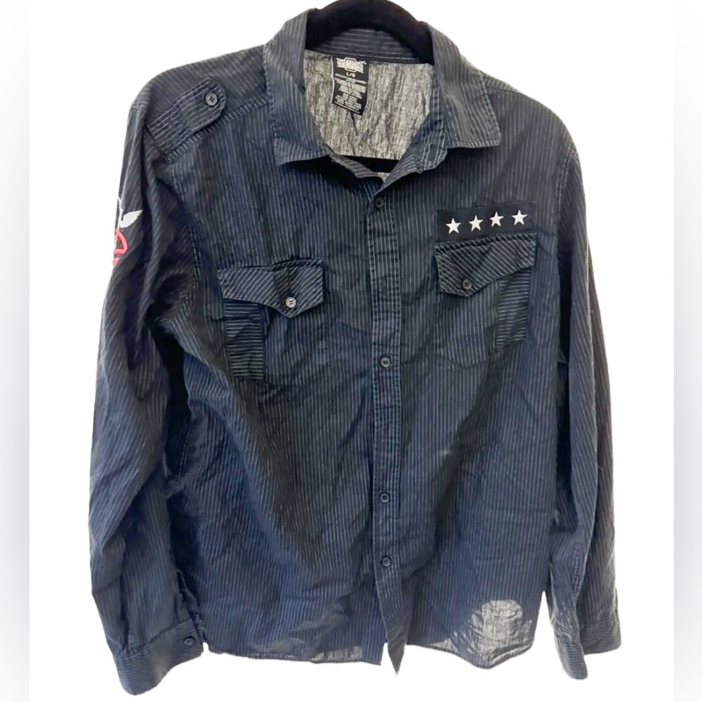 MMA Elite Mens Button Up Shirt Size Large L Black  Long Sleeve‎ Embroidery Patch